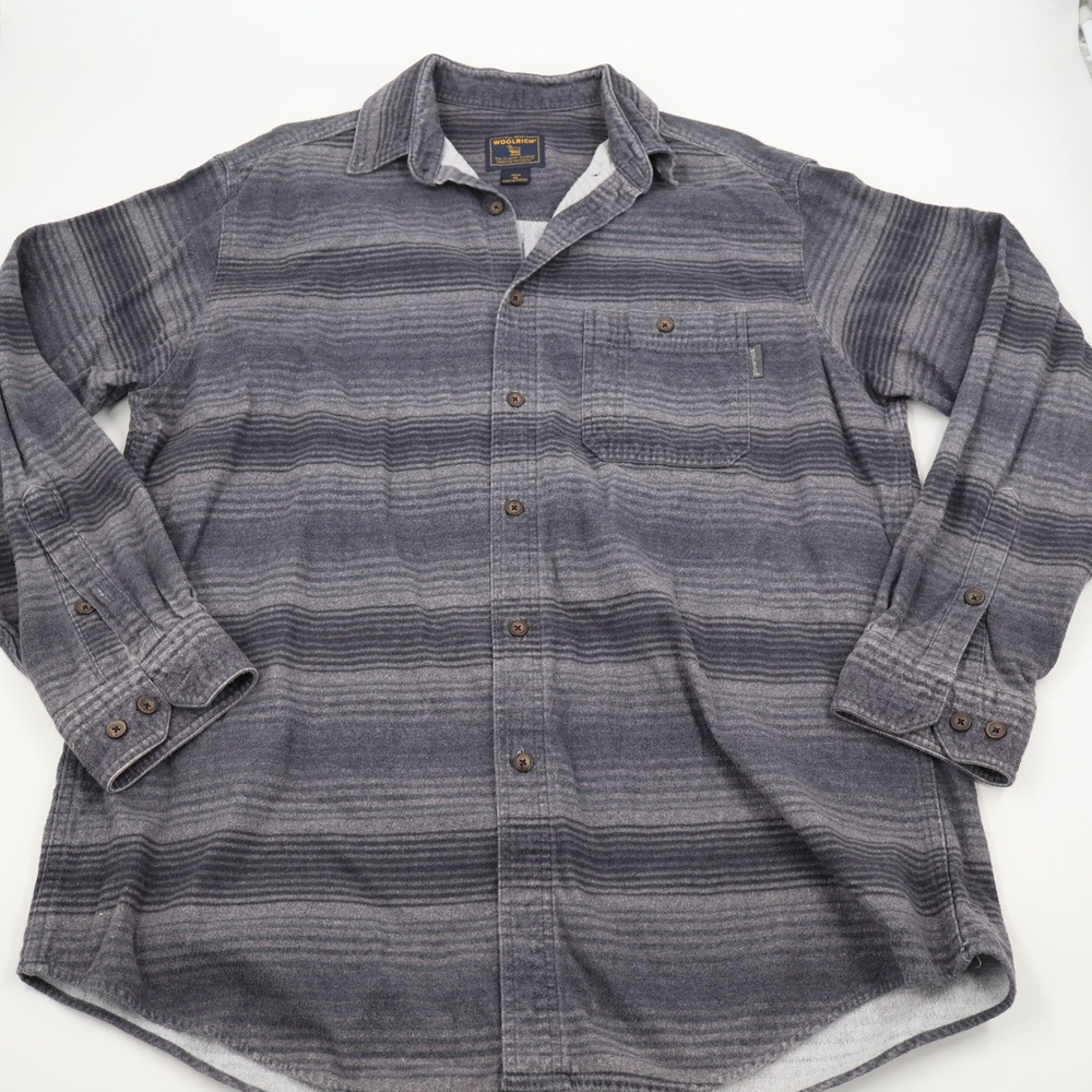 Woolrich Flannel Shirt Mens‎ XL Grey Ombre Stripe Long Sleeve Cotton Button Up